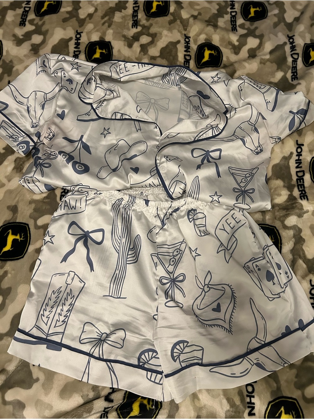 Women's Satin Pajama Set - White with Navy Western Print